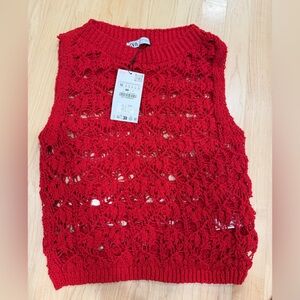 Zara Red Crochet Scoop-Neck Knit Sweater